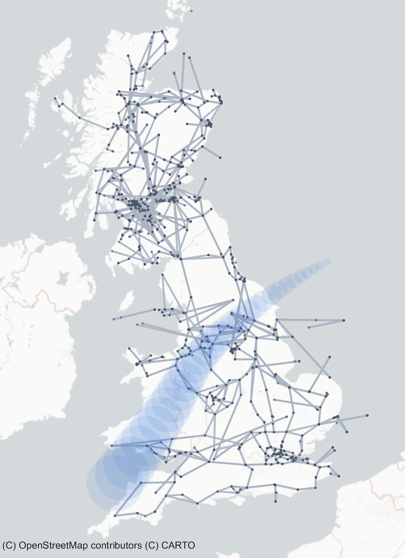 Map of the GB transmission network with a windstorm footprint sweeping across England and Wales